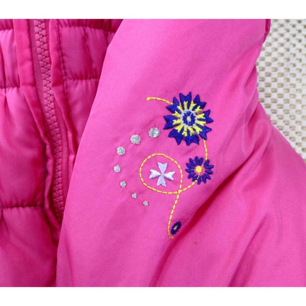 London Fog Girls Pink Puffer Coat W/ Hood & Floral Fleece Interior Size M 5-6 - Picture 5 of 11